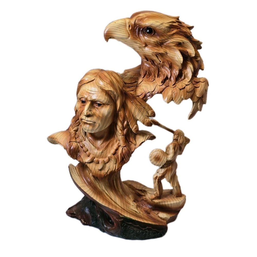 🪶 Native American & Eagle Spirit Resin Sculpture – Warrior & Eagle Head Figurin